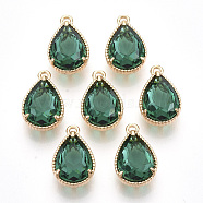 Transparent Glass Pendants, with Golden Tone Brass Findings, Faceted, Teardrop, Sea Green, 19x12x8.5mm, Hole: 1.5mm(GLAA-R212-11A)