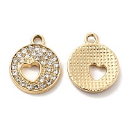 UV Plating Alloy Pendants, with Crystal Rhinestone, Flat Round with Heart Charms, Golden, 18x15x2.5mm, Hole: 2mm(ALRI-M020-19G)