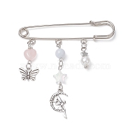 Natural Mixed Gemstone Heart & Fairy & Butterfly Charms Safety Pin Brooch, Alloy Lapel Pin for Sweater Clasp Pants Waist Extender, Platinum, 81x76x5mm(JEWB-BR00102)