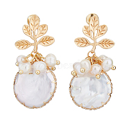 1 Pair Shell Pearl Dangle Stud Earrings, Real 18K Gold Plated Brass Wire Wrap Earrings for Women, Leaf, 36x17mm(EJEW-FI0002-22B)
