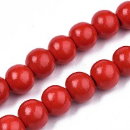 Spray Painted Natural Wood Beads Strands, Round, Red, 15~16x14~15mm, Hole: 3~4mm, about 25pcs/strand, 14.17 inch~14.45 inch(36cm~36.7cm)(WOOD-S053-56D)