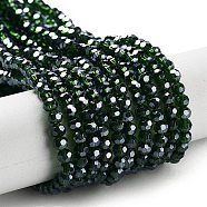 Electroplate Transparent Glass Beads Strands, Faceted, Round, Pearl Luster Plated, Dark Green, 3mm, Hole: 0.8mm, about 164~166pcs/strand, 19.69~19.88 inch(50~50.5cm)(EGLA-A035-T3mm-A10)