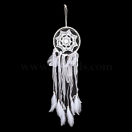Iron Woven Web/Net with Feather Pendant Decorations, with Wood Beads, Covered with Cotton Lace and Leather Cord, Flat Round, White, 710mm(AJEW-P097-01)