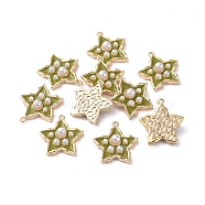 Brass Enamel Pendants, with Acrylic Pearl, Star, Real 18K Gold Plated, Olive, 15.5x14.4x3.8mm, Hole: 1mm(KK-I661-03G-E)