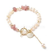 Natural Strawberry Quartz Chip Beaded Bracelet, Natural Pearl Bracelet, Shell Shape and Chain Tassel Charm Bracelet for Women, Golden, 7-5/8 inch(19.5cm)(BJEW-TA00032-03)