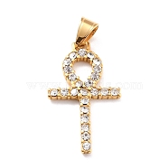 Ion Plating(IP) 304 Stainless Steel Pendants, with Rhinestone, Cross, Religion, Golden, 39x23x3mm, Hole: 5.5x8.5mm(STAS-F275-01G)