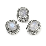 Brass Pave Natural Rainbow Moonstone Oval Multi-Strand Links, Rack Plating, Platinum, 16x13.5x9mm, Hole: 2mm(G-C172-04P)