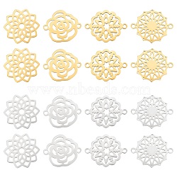 Unicraftale 16Pcs 8 Style 201 Stainless Steel Filigree Joiners Connector Charms, Laser Cut Links, Flower, Golden & Stainless Steel Color, 16.5~19x14~16x1mm, Hole: 1.2~1.4mm, 2pcs/style(STAS-UN0036-96)