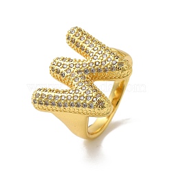 Letter Brass Micro Pave Clear Cubic Zirconia Open Cuff Ring for Women, Real 18K Gold Plated, Letter W, 19.5x22.5mm, US Size 6(16.5mm)(RJEW-N046-03W-G)