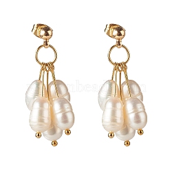 Natural Pearl Stud Earrings, with Brass Earring Findings, Rice, Golden, White, 37mm, Pin: 0.8mm(X1-EJEW-TA00006)