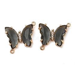 Brass Pave Faceted Glass Connector Charms, Golden Tone Butterfly Links, Gray, 20x22x5mm, Hole: 1.2mm(FIND-Z020-04V)