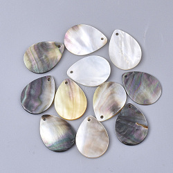 Black Lip Shell Pendants, Teardrop, Black, 25x19x1~2mm, Hole: 1.6mm(SSHEL-S251-35B)