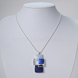 Multi Square Brass Blue Enamel Pendant Necklaces for Women, Silver, 16.73 inch(42.5cm)(FS-WG21173-01)