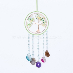 Natural Citrine & Green Aventurine Chip Wall Hanging,  Tree of Life Art Pendant Decorations, with Iron, Agate Slice, Colorful, 600x190mm(TREE-PW0001-38)
