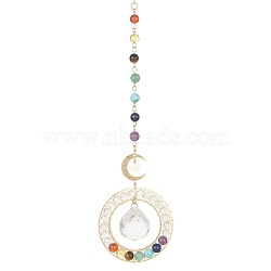Glass Teardrop Pendant Decorations, lapis lazuli, with Chakra Gemstone Beads and Brass Moon Link, for Home Decoration, 245mm(HJEW-TA00035)