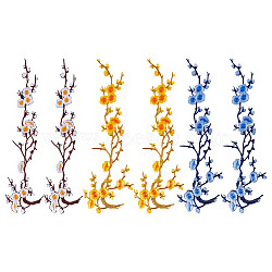 6Pcs 3 Colors Plum Blossom Branch Polyester Embroidery Sew on Ornament Accessories, Sewing Craft Decoration, Mixed Color, 400~420x130~135x1.2~1.5mm, 2pcs/color(PATC-HY0001-59)