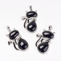 Natural Black Agate Kitten Pendants, with Brass Findings, Cat Silhouette Shape, Dyed & Heated, Platinum, 44x26.5x7.5mm, Hole: 4x6mm(G-G713-B05)