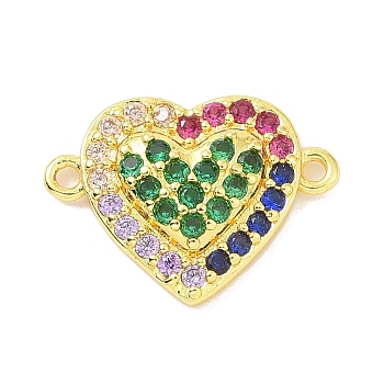 Real 18K Gold Plated Brass Micro Pave Cubic Zirconia Connector Charms, Heart Links, Colorful, 11x15.5x3mm, Hole: 1.1mm