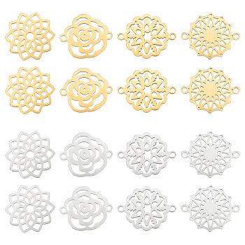 Unicraftale 16Pcs 8 Style 201 Stainless Steel Filigree Joiners Connector Charms, Laser Cut Links, Flower, Golden & Stainless Steel Color, 16.5~19x14~16x1mm, Hole: 1.2~1.4mm, 2pcs/style