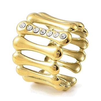 Ion Plating(IP) 304 Stainless Steel Open Cuff Ring for Women, with Rhinestone, Real 18K Gold Plated, Adjustable