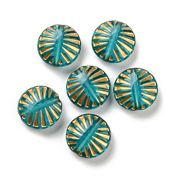 Plating Transparent Acrylic Beads, Golden Metal Enlaced, Flat Round, Dark Turquoise, 12.5x6mm, Hole: 1.4mm, 980pcs/500g