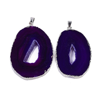 Natural Agate Big Pendants, Oval Charms, Dyed & Heated, with Platinum Plated Brass Findings, Purple, 50~62x33~43x5~7mm, Hole: 7.5x4.5mm