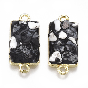 Alloy Links connectors, with Gemstone and Enamel, Rectangle, Light Gold, Black, 24.5x11.5x4~7mm, Hole: 2mm