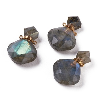 Rhombus Natural Labradorite Perfume Bottle Pendants, with 304 Stainless Steel Findings, Faceted, Golden, 26~27x17~17.5x8~8.5mm, Hole: 1.4mm, Capacity: about 2ml(0.06 fl. oz)