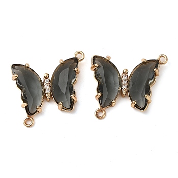 Brass Pave Faceted Glass Connector Charms, Golden Tone Butterfly Links, Gray, 20x22x5mm, Hole: 1.2mm
