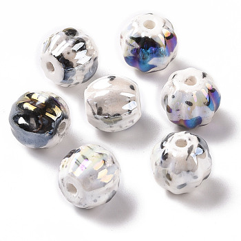Handmade Pearlized Porcelain Beads, Bright Glazed Porcelain, Rainbow Plated, Pumpkin, Black, 13x12mm, Hole: 2mm