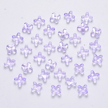 Transparent Spray Painted Glass Beads, with Glitter Powder, Clover, Lilac, 8x8x3mm, Hole: 0.9mm