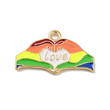 Rainbow Color Alloy Enamel Charms, Hand with Heart & Word Love, Light Gold, Colorful, 13x22.5x1.5mm, Hole: 1.5mm