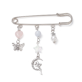 Natural Mixed Gemstone Heart & Fairy & Butterfly Charms Safety Pin Brooch, Alloy Lapel Pin for Sweater Clasp Pants Waist Extender, Platinum, 81x76x5mm