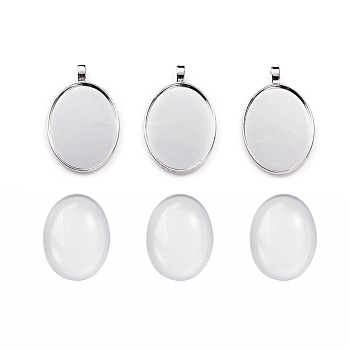 DIY Pendant Making, with Tibetan Style Alloy Pendant Cabochon Settings and Transparent Oval Glass Cabochons, Platinum, Cabochons: 40x30x7~9mm, Settings: 50x32.5x3mm, hole: 7x4.5mm, 2pcs/set