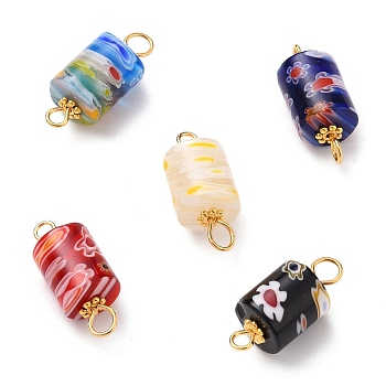 Handmade Millefiori Glass Beads Links, with Golden Tone Iron Eye Pin, Column, Mixed Color, Golden, 20~20.5x9.5mm, Hole: 3mm