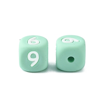 Silicone Beads, for Bracelet or Necklace Making, Arabic Numerals Style, Aquamarine Cube, Num.9, 10x10x10mm, Hole: 2mm