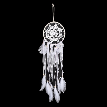 Iron Woven Web/Net with Feather Pendant Decorations, with Wood Beads, Covered with Cotton Lace and Leather Cord, Flat Round, White, 710mm