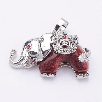 Synthetic Goldstone Pendants, with Rhinestone and Brass Findings, Elephant, Platinum, 25.5x36.5x10mm, Hole: 5x8mm