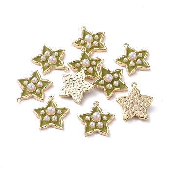 Brass Enamel Pendants, with Acrylic Pearl, Star, Real 18K Gold Plated, Olive, 15.5x14.4x3.8mm, Hole: 1mm