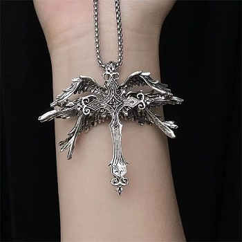 Tibetan Style Alloy Angel Wings Cross Pendant Necklaces, Antique Silver, 23.23~24.02 inch(59~61cm)