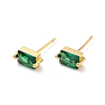 Green Cubic Zirconia Rectangle Stud Earrings, Brass Jewelry for Women, Cadmium Free & Nickel Free & Lead Free, Real 18K Gold Plated, 8x4mm, Pin: 0.7mm