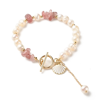 Natural Strawberry Quartz Chip Beaded Bracelet, Natural Pearl Bracelet, Shell Shape and Chain Tassel Charm Bracelet for Women, Golden, 7-5/8 inch(19.5cm)