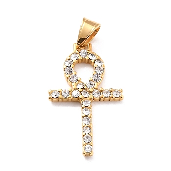 Ion Plating(IP) 304 Stainless Steel Pendants, with Rhinestone, Cross, Religion, Golden, 39x23x3mm, Hole: 5.5x8.5mm