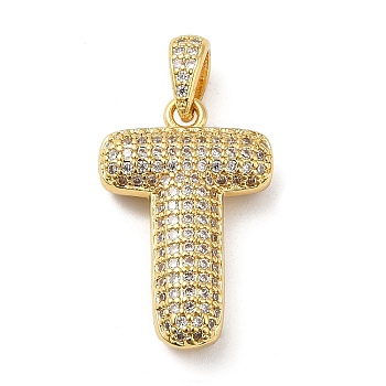 Brass Micro Pave Cubic Zirconia Pendants, Cadmium Free & Lead Free, Long-Lasting Plated, Real 18K Gold Plated, Letter T, 23x15x5.5mm, Hole: 4.5x3mm