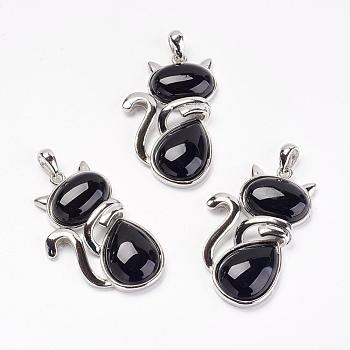 Natural Black Agate Kitten Pendants, with Brass Findings, Cat Silhouette Shape, Dyed & Heated, Platinum, 44x26.5x7.5mm, Hole: 4x6mm