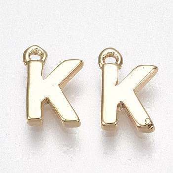Brass Charms, Letter, Nickel Free, Real 18K Gold Plated, Letter.K, 8.5x6x1.5mm, Hole: 0.8mm