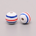 Wooden Beads, Painted with Independence Day Pattern, Round with Stripe Pattern, Blue, 16~16.5mm, Hole: 4mm(WOOD-WH0015-93)