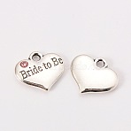 Wedding Theme Antique Silver Tone Tibetan Style Heart with Bride to Be Rhinestone Charms, Cadmium Free & Lead Free, Light Rose, 14x16x3mm, Hole: 2mm(TIBEP-N005-10B)
