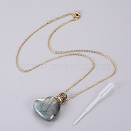 Natural Labradorite Openable Perfume Bottle Pendant Necklaces, with Stainless Steel Cable Chain and Plastic Dropper, Heart, 50~55cm, Bottle Capacity: 0.15~0.3ml(0.005~0.01 fl. oz), 2mm(G-K295-A03-G)