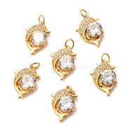 Brass Micro Pave Clear Cubic Zirconia Pendants, Long-Lasting Plated, Dolphin, Real 18K Gold Plated, 19x13x4mm, Hole: 3.5mm, Ring: 5x1mm(ZIRC-P086-23G)